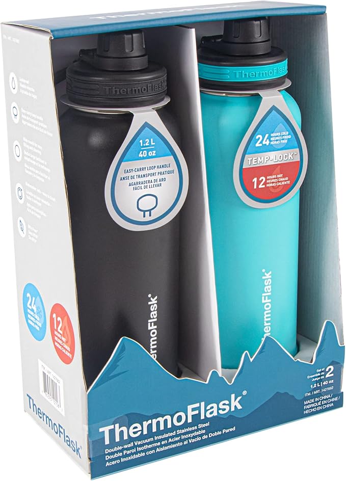 ThermoFlask 40 oz Bottle - Stainless Steel, Double-Wall Insulation & BPA-Free - Leakproof, Reusable with Spout Lid - Onyx Black/Splash (2 Pack)