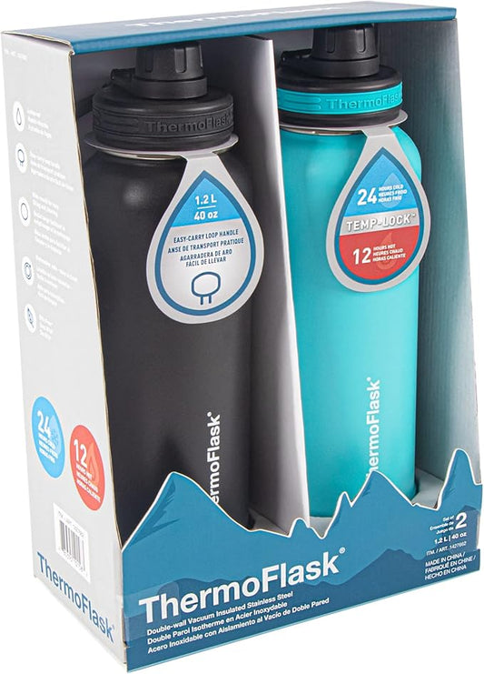 ThermoFlask 40 oz Bottle - Stainless Steel, Double-Wall Insulation & BPA-Free - Leakproof, Reusable with Spout Lid - Onyx Black/Splash (2 Pack)