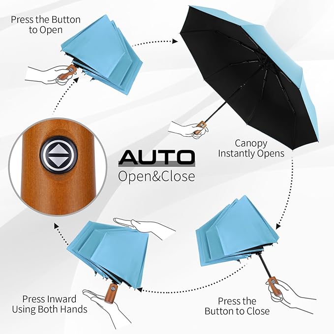 Yoobure Windproof Travel Umbrella with Wood Handle - Automatic Umbrellas for Rain & UV Sun Protection, Compact 46" Large Canopy, Lightweight Backpack Portable for Walking & Outdoor