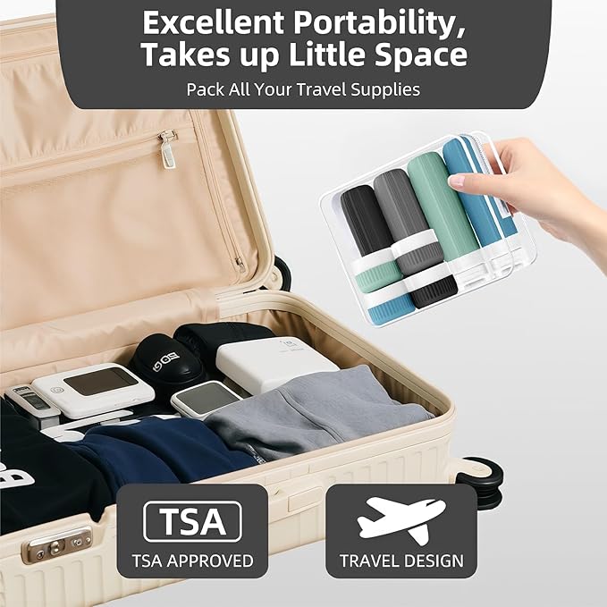 Travel Bottles for Toiletries, Leakproof Silicone Squeezable Cosmetic Liquids Bottles in Travel Size with Clear Bag, TSA Approved Refillable Cosmetic Container Kits for Shampoo and More (Blue)