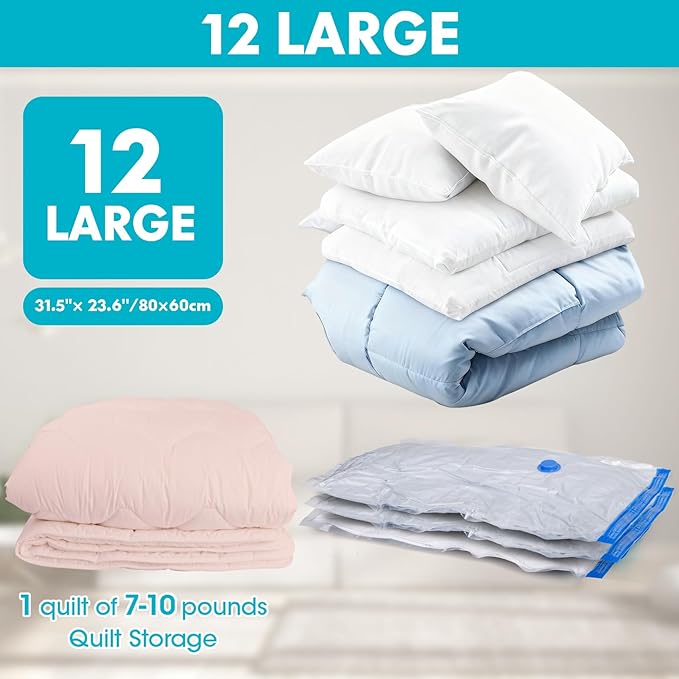 Vacuum Storage Bags with Hand Pump, 12 Large Compression Space Saver Vacuum Seal Bags for Clothing, Travel Luggage, Comforters, Blankets, Pillows, Bedding(12L)