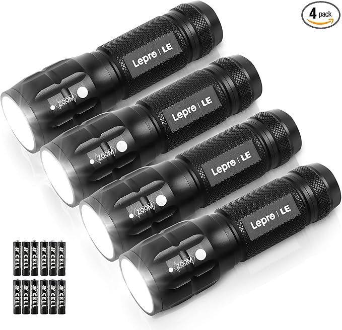 Lighting EVER LED Flashlights High Lumens, Small Flashlight, Waterproof, Adjustable Focus Flash Light for Outdoor, Emergency, Camping, AAA Batteries Included, 4 Pack