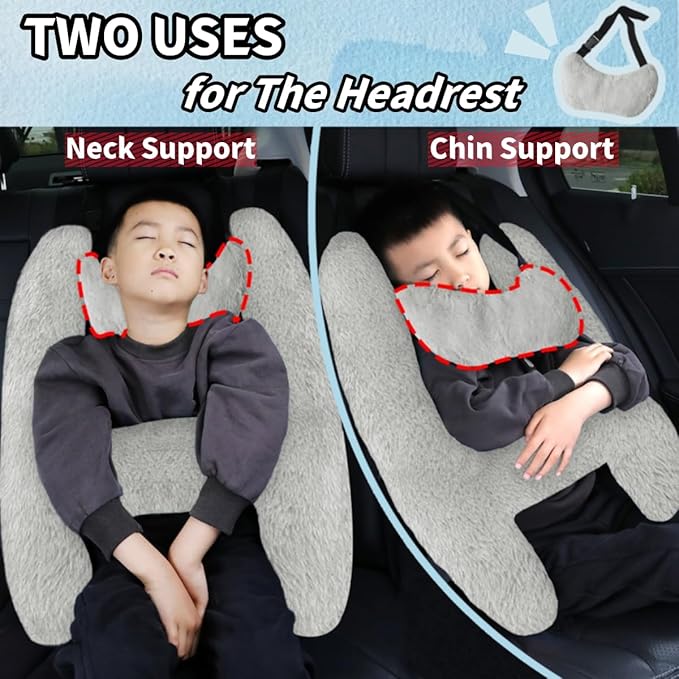 Soft Plush Car Pillow Travel Pillow for Kids with Neck Support Headrest, H-Shape Car Pillows for Kids Sleeping on Long Road Trips, Adults Child Car Seat Pillow, Body Support Travel Accessories, Grey