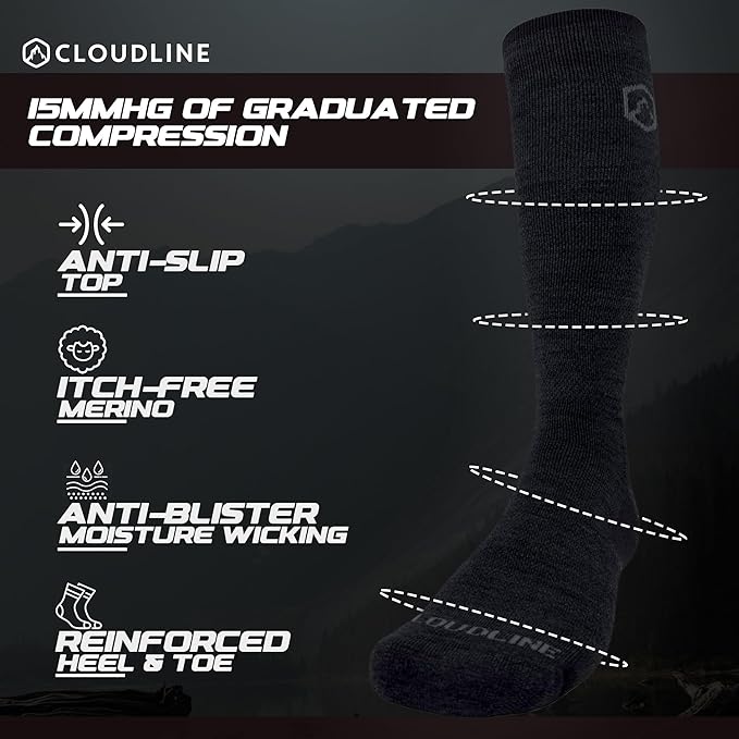 CloudLine - Merino Wool Graduated Compression Socks for Men and Women - Ultralight, Moisture Wicking, Made in USA - 1 Pair
