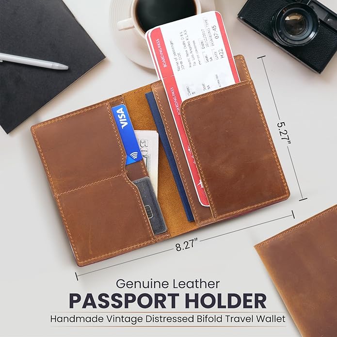 Retro Travel Genuine Leather Passport Holder with Folding Wallet Design