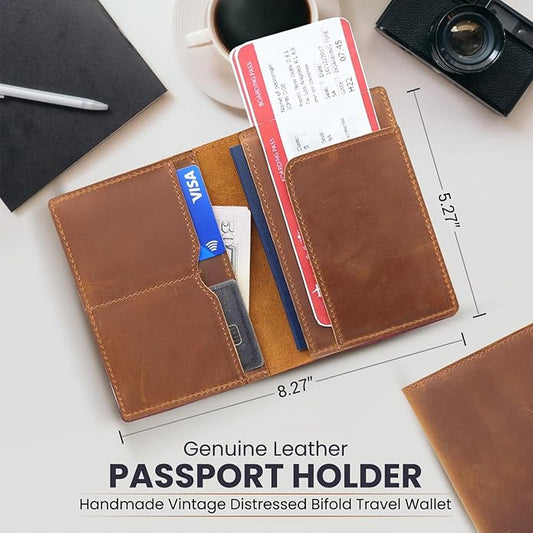 Retro Travel Genuine Leather Passport Holder with Folding Wallet Design