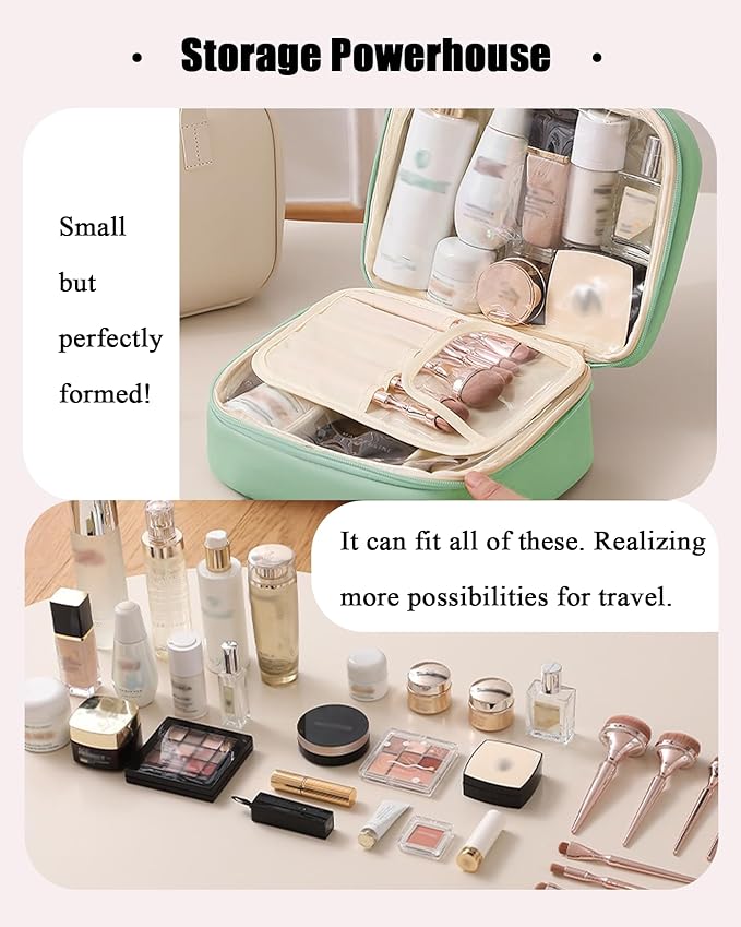 Travel Makeup Bag for Women, Large Capacity Cosmetic Bags for Girls, Compact Pouch Make up Organizer, Waterproof Toiletry Bag with Divider and Handle (Green2)