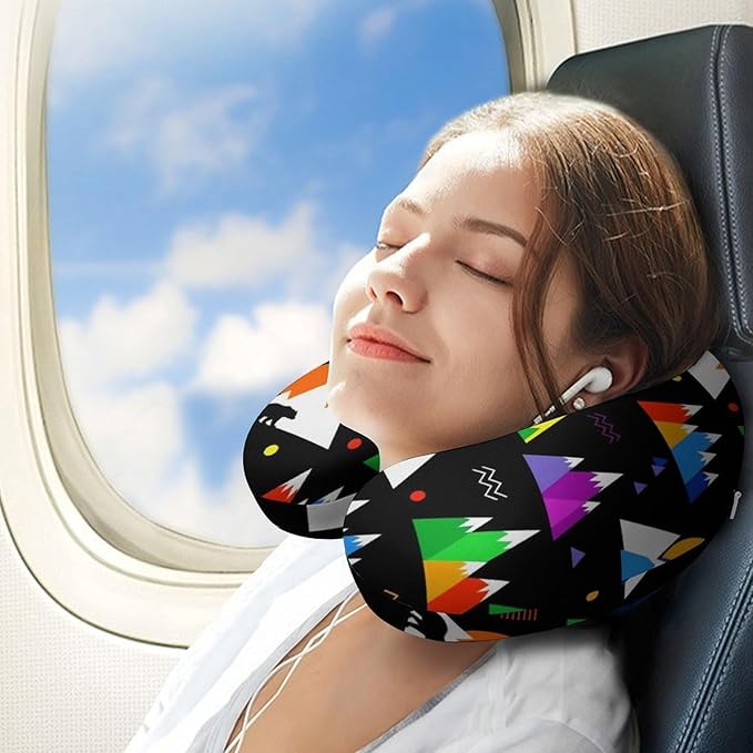 Travel Neck Pillow Memory Foam Chin Cushion Colorful Mountain Bear Black, Washable Cover for Men Women Youth Airplane Car Pain Relief