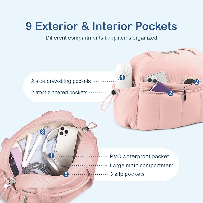 TOPDesign Travel Duffel Bag for Women, Puffer Gym Bag Sports Tote with Wet Pocket, Carry On Weekender with Luggage Sleeve (Pink)