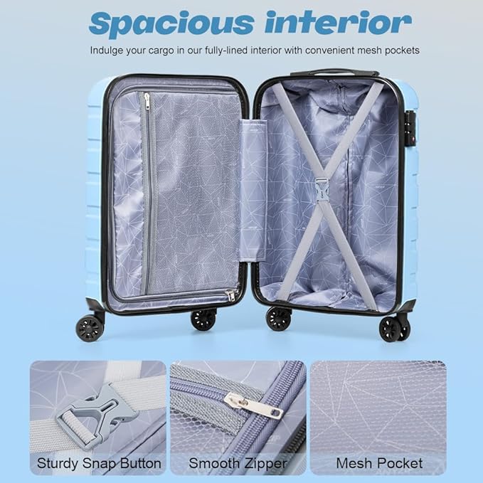 AnyZip Luggage Set 5 Piece PC ABS Hardshell Lightweight Suitcases for Travelling with 4 Universal Wheels TSA Lock Carry on Suitcase Light Blue