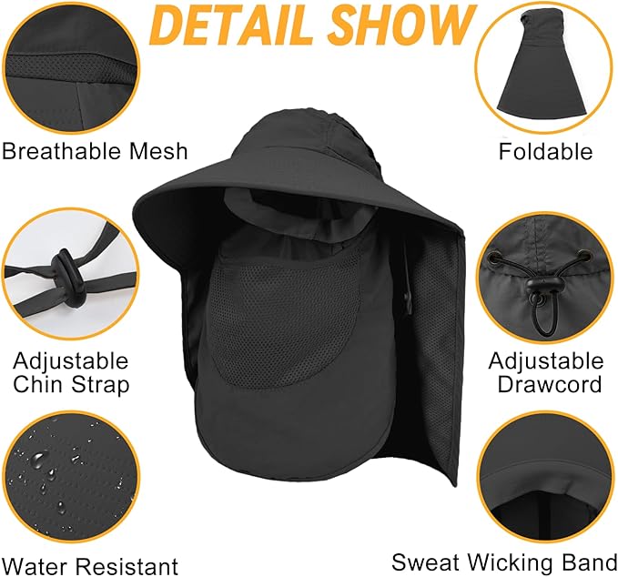 Sun Hats for Men Women Detachable Face Cover Wide Brim Fishing Hats with Neck Flap UPF 50+ Outdoor Safari Hats
