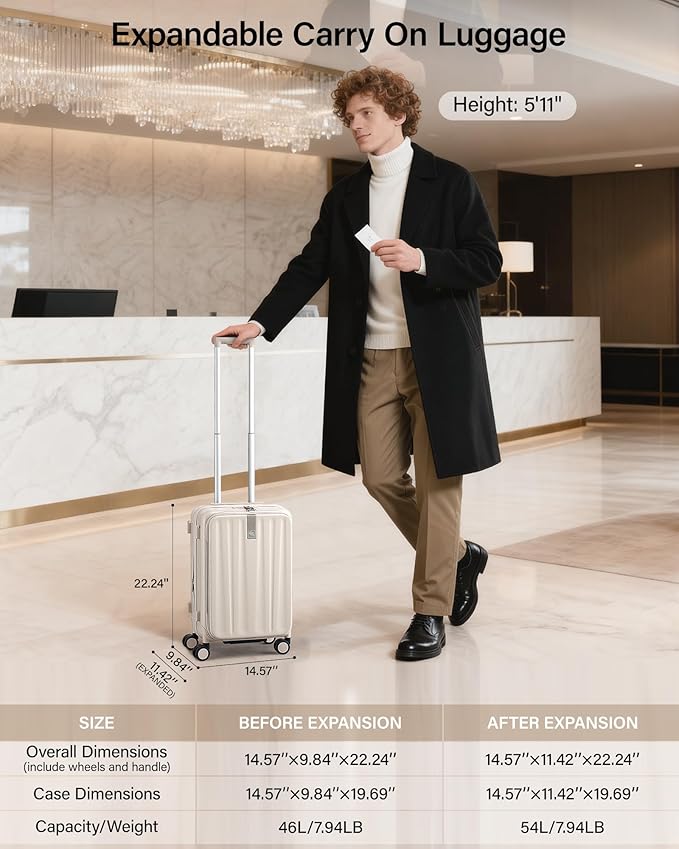 Hanke 20 Inch Expandable Carry On Luggage Airline Approved Top Opening Hard Shell Suitcases with Wheels Lightweight Travel Luggage Carry On Suitcase for Woman Men-Ivory White