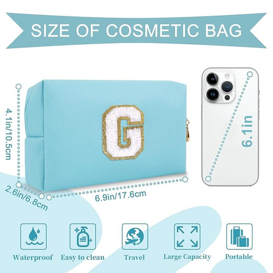 Small Personalized Initial A-Z Preppy Patch Makeup Bag,PU Chenille Letter Travel Cosmetic Pouch with Zipper,Blue Cute Toiletry Bag,Gift Ideal for Teen Girls Women Teacher Bridesmaid,Letter G