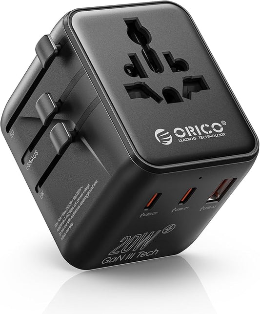 ORICO Universal Travel Adapter with 2 AC 2 USB-C and 1 USB-A Socket, PD 20W International Power Adapter, Worldwide Travel Essentials Wall Charger for USA EU UK AUS JP and Over 200 Countries