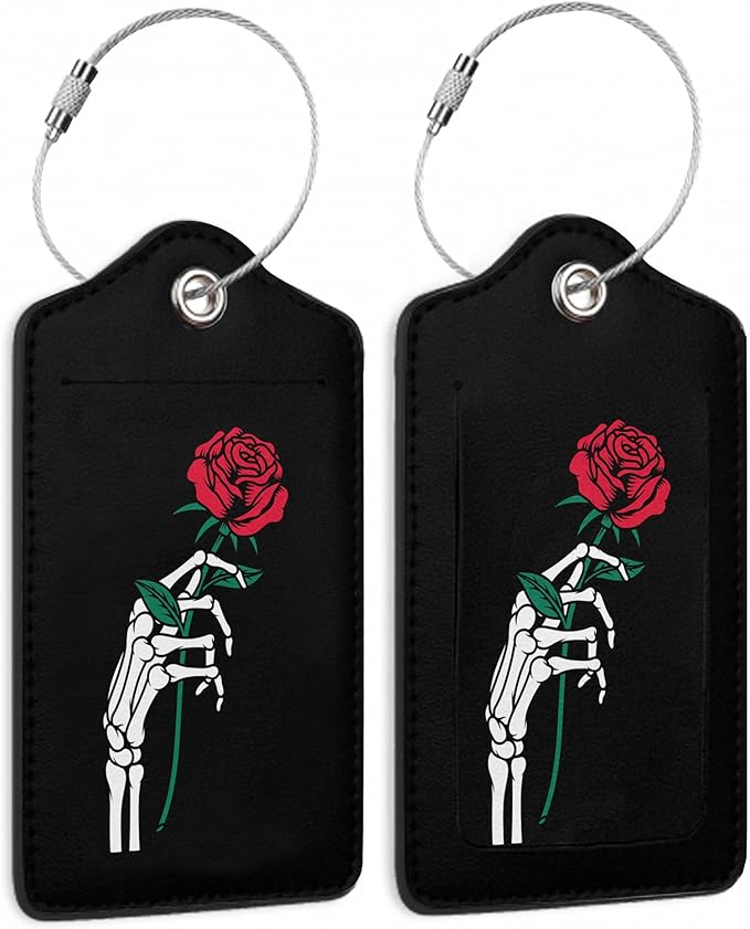 2 Pack Luggage Tag for Suitcase,Skeleton Hand Holding Rose Leather Bag Tags Identifiers Privacy Cover ID Label with Durable Steel Loop for Women Men Kids Girls Travel