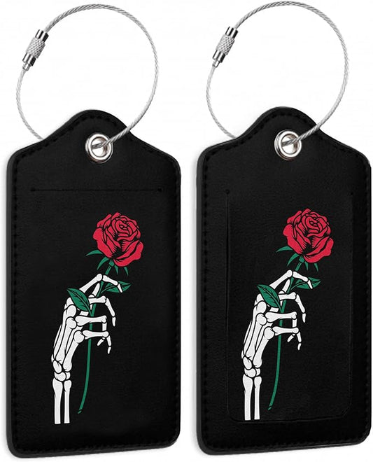 2 Pack Luggage Tag for Suitcase,Skeleton Hand Holding Rose Leather Bag Tags Identifiers Privacy Cover ID Label with Durable Steel Loop for Women Men Kids Girls Travel
