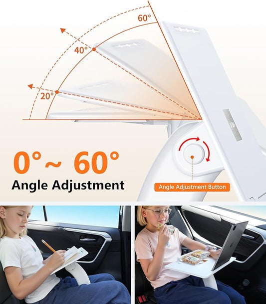 DICMKY Car Seat Tray Table, Adjustable Travel Tray for Kids/Adults, Car Lap Desk for Laptop Computer Tablet Book, Front Passenger/Rear/Driver Seat Food Eating, Essentials Accessories for Long Trips