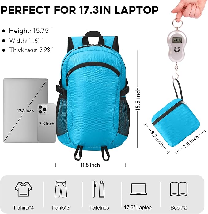 Small Hiking Backpack 15L Travel Lightweight Hiking Packable Daypack Water-Resistant Foldable Backpacks for Women Men Camping (Blue)