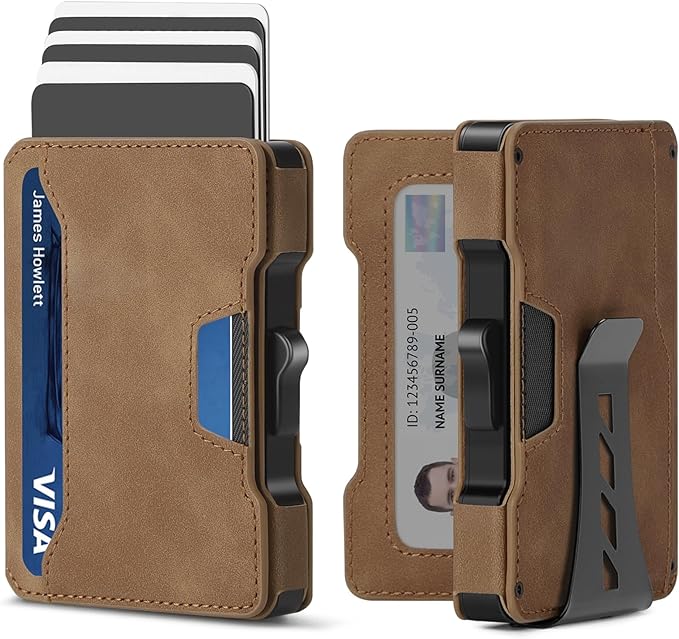 Slim Wallet for Men - Minimalist Mens Wallet with Money Clip, Aluminum Pop Up Card Case and Leather Slots Credit Card Holder RFID Blocking Wallet for Men with Gift Box