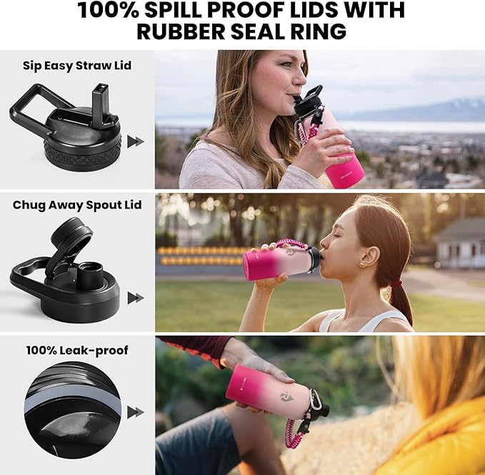 Insulated Water Bottle 32 oz, Triple Wall Vacuum Stainless Steel (Cold for 48 Hrs), Leak Proof & Non-BPA, Modern Water Flask Jug with Paracord Handle & Straw Spout Lids, Ombre Pink