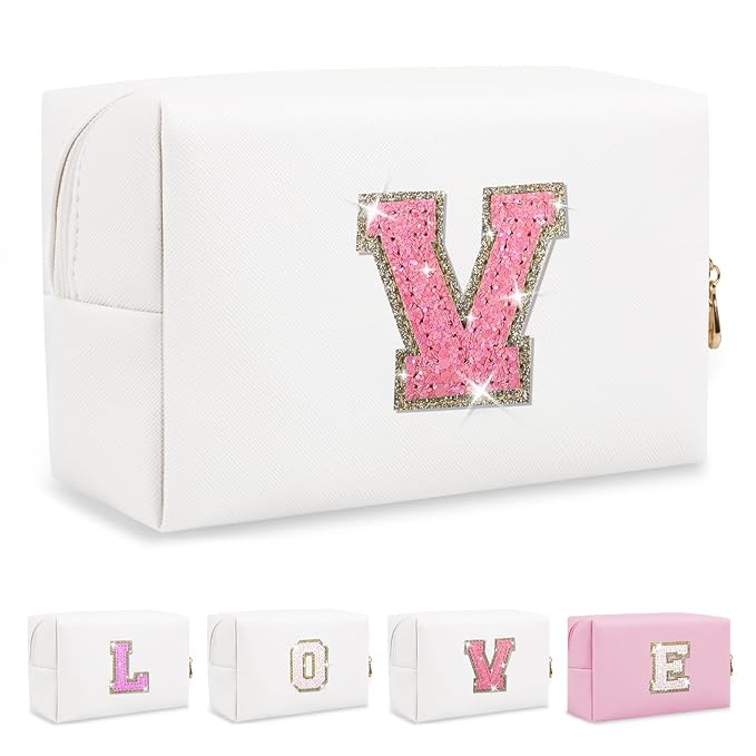 Small Initial Patch Makeup Bag Personalized Gifts Make Up Bag,White Cute PU Leather Glitter Letter Cosmetic Bag with Zipper,Trendy Portable Travel Toiletry Pouch,Preppy Stuff for Teen Girls Women V