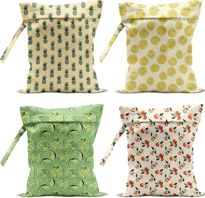 4 Pack Cute Fruit Wet Bag Waterproof Washable Reusable Wet Dry Bag for Swimsuit Dirty Clothes Cloth Diaper Travel Beach Pool Yoga Gym Toiletries Travel Beach Essentials Lemon Pineapple Peach