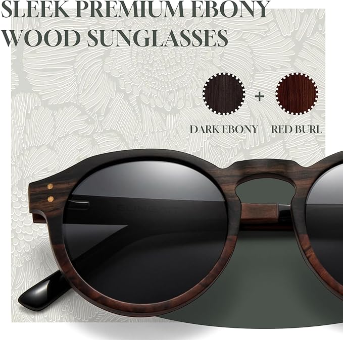 SUNGAIT Black Oak & Dark Ebony Wood Sunglasses Womens Polarized Round UV400 Protection Retro Vintage Gift-ready Case Included