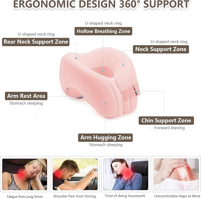 2in1 Ergonomic Memory Foam Travel Neck Pillow – 2025 Upgrade Travel Pillow for All Sleep Positions on Flights, Road Trips, and Long Distance Travel with Drawstring Bag (Adjustable - Pink)