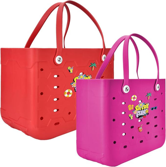 2-Piece Tote Bag Set, Waterproof Rubber Beach Bag with Summer Pattern, Medium & Large Handbag for Pool, Beach, Boat