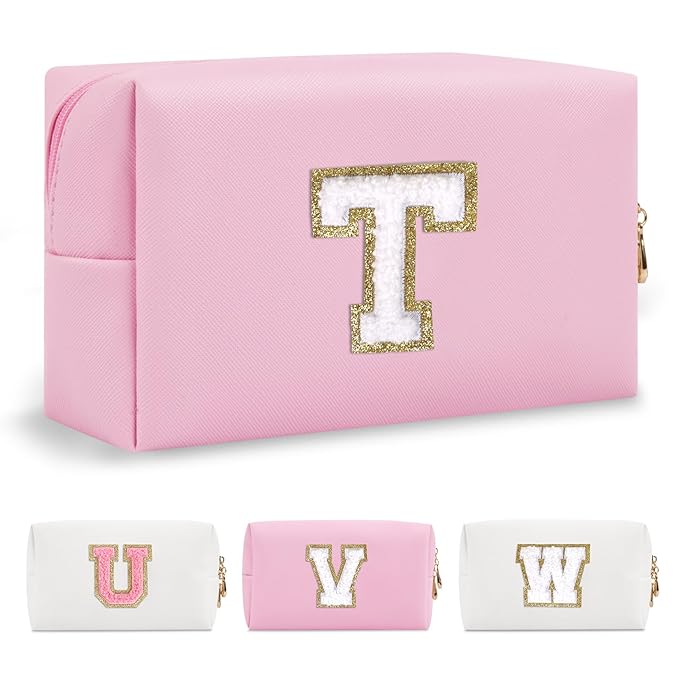 Personalized Initial A-Z Preppy Patch Makeup Bag,Small PU Chenille Letter Cosmetic Bag with Zipper for Teen Girls,Pink Cute Toiletry Organizer Bag,Monogram Makeup Case Gift for Women Girls,Letter T
