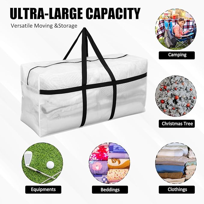 4 Pcs 66 Gallon Large Moving Bags with Zipper and Handles Foldable Storage Duffle Bags Heavy Duty Extra Large Totes for College Dorm Travel Clothes Blankets Bedding Moving (Clear)
