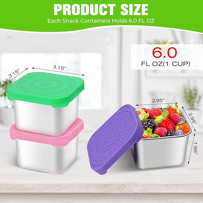 FJDCKJ Stainless Steel Snack Containers, Set of 4 Easy Open Leak Proof Small Food Containers with Silicone Lids, Reusable Metal Lunch Container for Lunch Boxes, Picnics and Travel