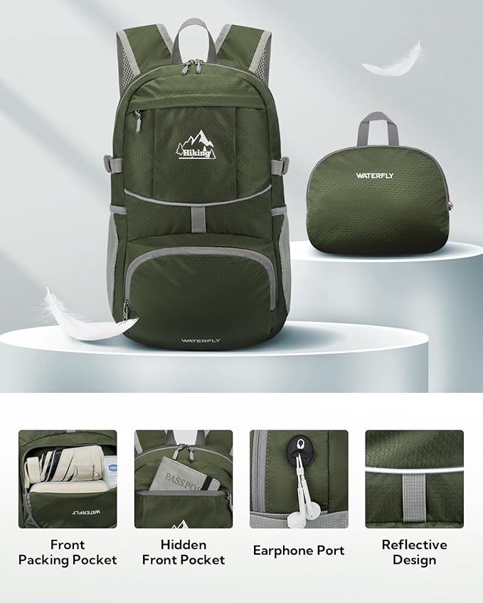 WATERFLY Hiking Packable Daypack Backpack: 25L Ultra Lightweight Day Pack for Woman Man - Small Compact Folding Back Pack for Outdoor Sport Cycling Camping Travel Trip - Green