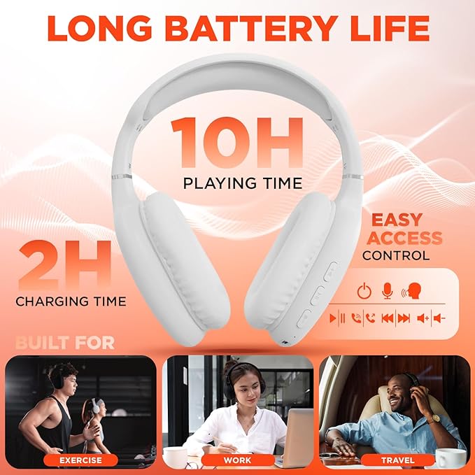 HyperGear Wireless Headphones Bluetooth White- Noise Isolation Headphones Wireless Over The Ear Head Phones, Gym Headset Built-in Mic Controls Square Foam Cups Foldable Headphone for Women and Men