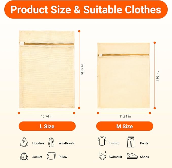 6Pcs Organic Cotton Mesh Laundry Bags for Delicates, Durable Mesh Wash Bags, Sturdy Zipper Laundry Bag for Underwear, Clothes, Shoes, Socks, (3 Large, 3 Medium)