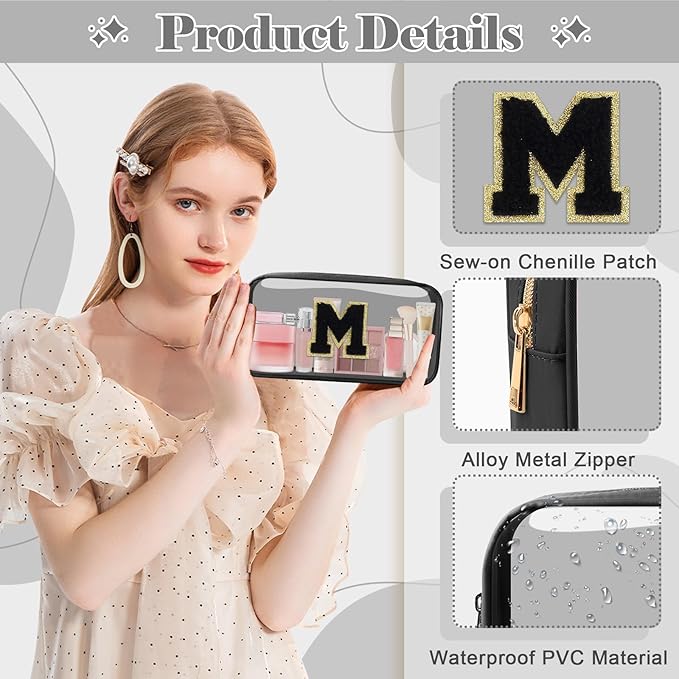 Personalized Initial Letter Clear Makeup Bag,Preppy Small Nylon&PVC Cosmetic Zipper Bag with Chenille Letter,Travel Skincare Toiletry Bag,Monogram Christmas Gift for Teen Girls Women,M