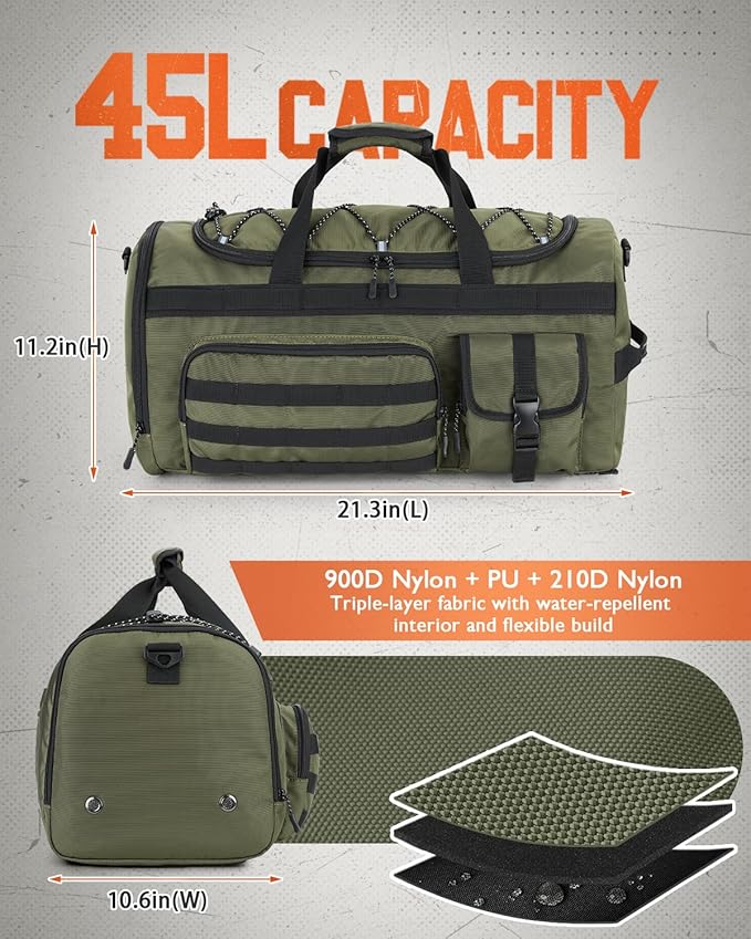 Gonex 45L Duffel Bag for Men, 3 in 1 Convertible Carry Gym Duffle with Shoe Compartment, Tactical Gear Loops, Water-Repellent Lining, Workout & Travel Bag (Army Green)