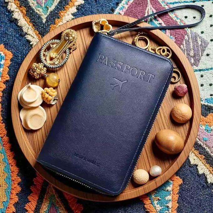 Multi-Functional RFID Passport Wallet,Travel Wallet for Men & Women,With zipper, anti-theft passport holder，Slim Leather Cover for Credit Cards, Tickets, Cash (Dark blue)