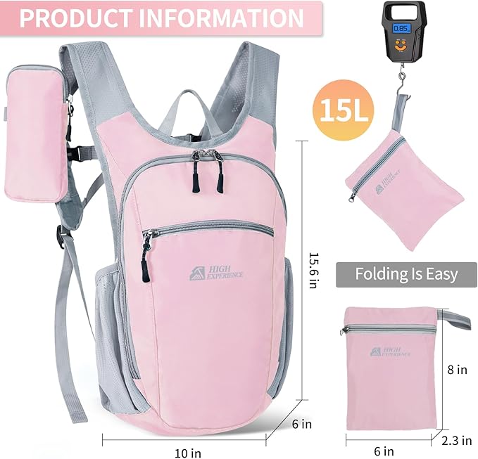 HIGH EXPERIENCE Hiking Backpack 10L/15L Small Daypack Lightweight Packable Travel Foldable Water Resistan for Women Men (Pink, 15L)