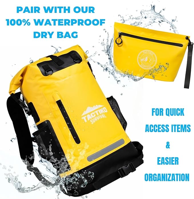 Tactiko 3L Water Resistant Pouch - Waterproof Material w/Splashproof Zipper - Hold All Zipper Bag for Storage, Toiletries, Travel, Beach, Cruise, Home (Yellow)
