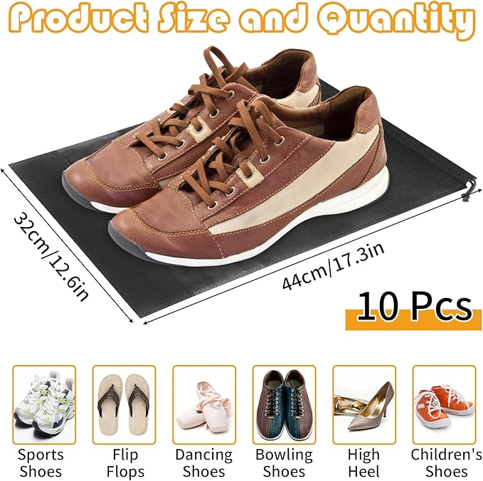 Large Black Travel Shoe Bags - 10 Pcs with Clear Window, Non-Woven Drawstring, 12.6" X 17.3" for Men Women