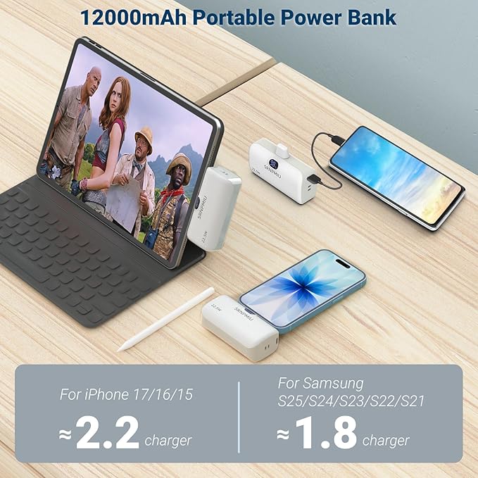 Portable Charger for iPhone 17/16/15 Series, 12000mAh Mini Power Bank with Built-in USB C Connector, 22.5W Fast Charging Battery Pack for Samsung Galaxy S25/S24/S23 Series, iPad etc (White)