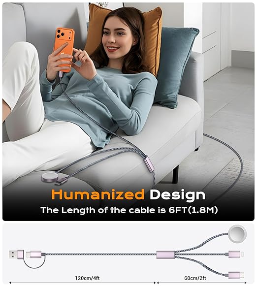 Temdan for Travel Vacation Essentials,3 in 2 USB C Cable for Apple Watch Charger/iPhone 17 Charger/Lightning,Multi Charging Cable Cord,Camping Essentials,Portable Designed for iWatch &iPhone 16-12-6FT