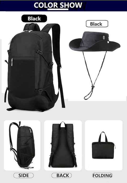 30L Foldable Backpack & Bucket Hat 2 In 1 Combo, Lightweight packable Travel and Fisherman Hat Set, Compact Collapsible Daypack with Sun Hat (Black)