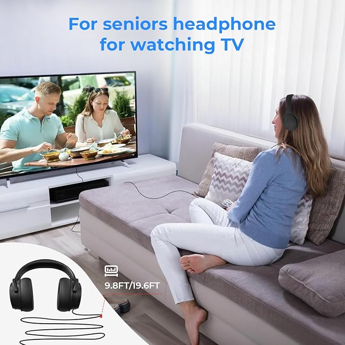 Long Cord Wired Headphones for tv with Volume Control, Over Ear Headphone tv Watching for Seniors with Extra Long Cord, Universal 3.5mm AUX Audio(19.6FT)