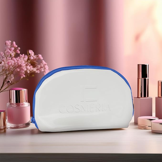 Makeup Bag Organizer & Travel Cosmetic Bag - Toiletry Bag for Women Fits Carry-On and Suitcase - Make Up Faux Patent Leather Pouch with Durable Blue Zipper, Medium