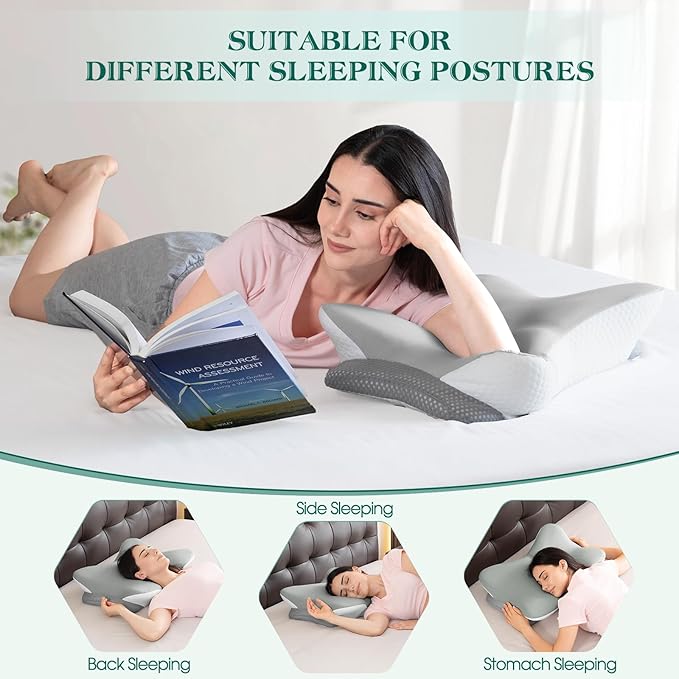 Cervical Pillow for Neck Pain Relief - Ergonomic Memory Foam Contour Pillows with Cooling Cover & Adjustable Heights, Orthopedic Cervical Pillow for Side, Back & Stomach Sleepers (Grey)