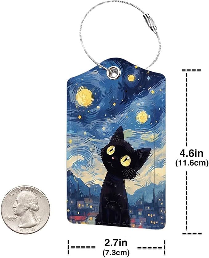 2 Pack Luggage Tag for Suitcase, Cute Unique Leather Bag Tags Identifiers Privacy Cover ID Label with Durable Steel Loop for Women Men Kids Girls Travel, Black cat Sky