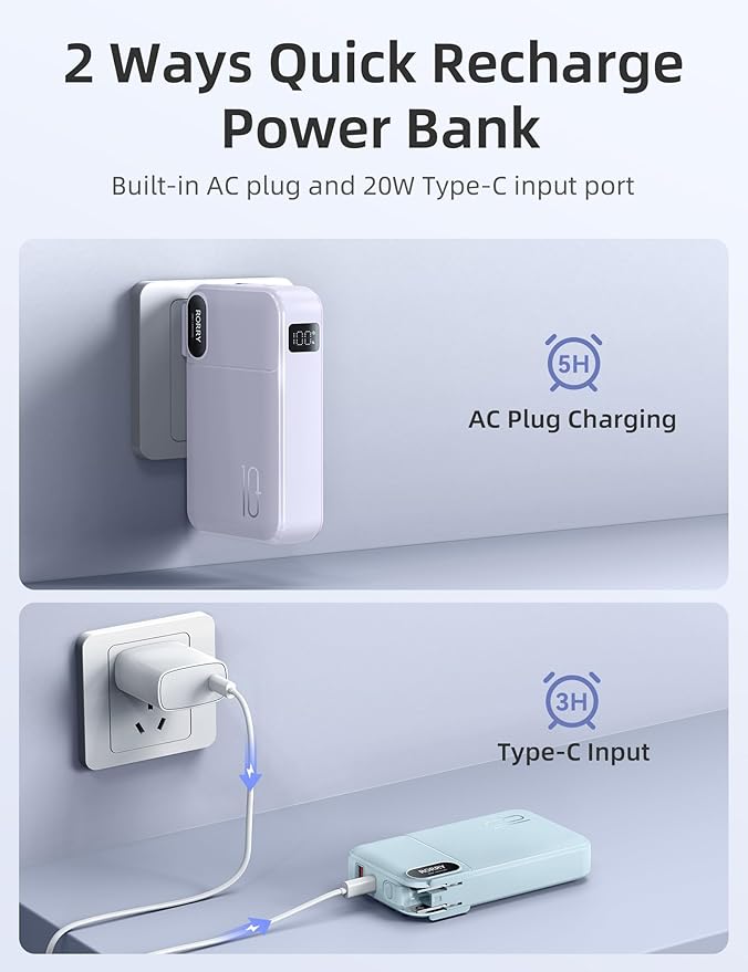 RORRY Portable Charger Built in Cables, AC Wall Plug in Portable Charger Power Bank 10000mAh Travel Battery Pack 22.5W Fast Charging for iPhone 17/16/15 Samsung Galaxy S24/S23 Pixel LG iPad, Purple