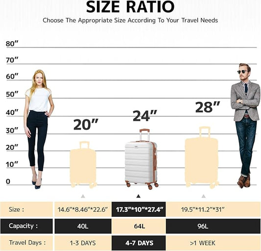 AnyZip Luggage PC ABS Hardside Lightweight Suitcase with 4 Universal Wheels TSA Lock Checked-Medium 24 Inch White Brown